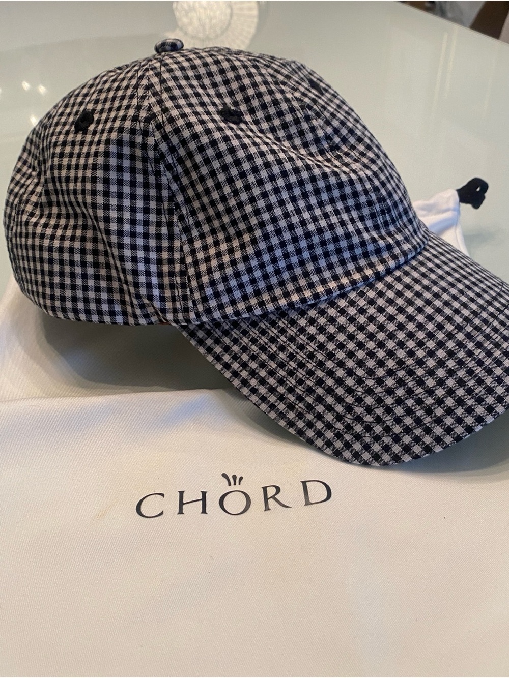 EUC CHÖRD Black White Gingham Leather Strap Baseball Cap w/ Dust Bag